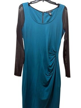 Kenneth Cole Teal & Black Mesh Sleeve Ruched Women's Dress